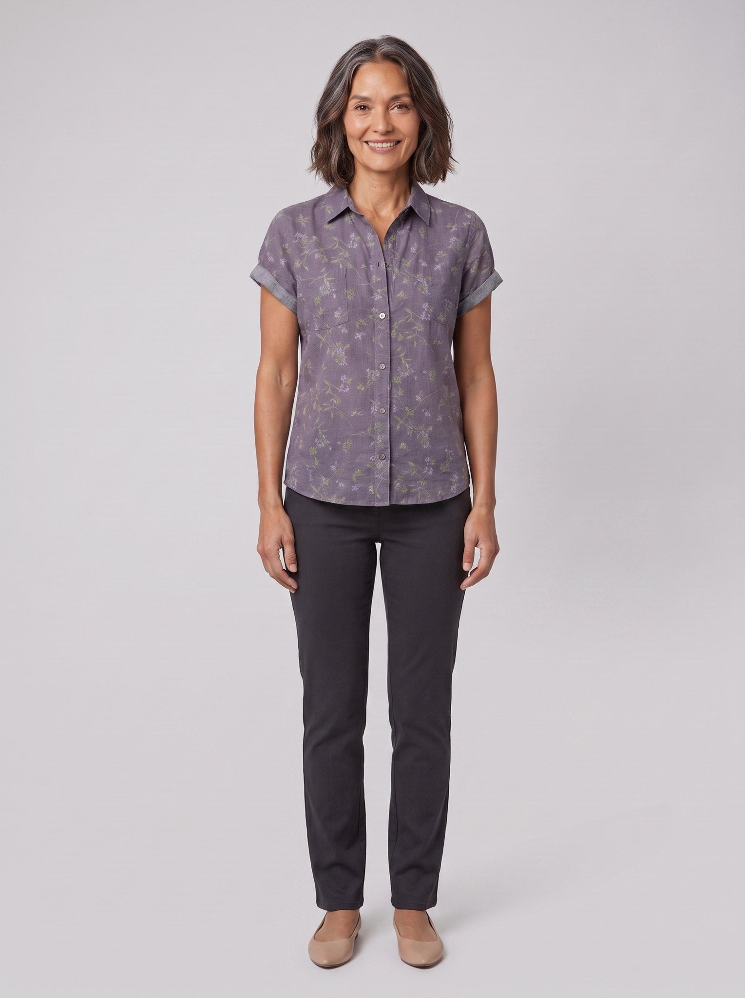 Lightweight blouse in purple with a floral print, view 1
