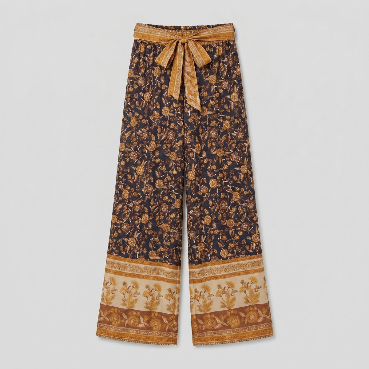 Pamela Boutique brown floral wide-leg trousers with tie belt, product detail
