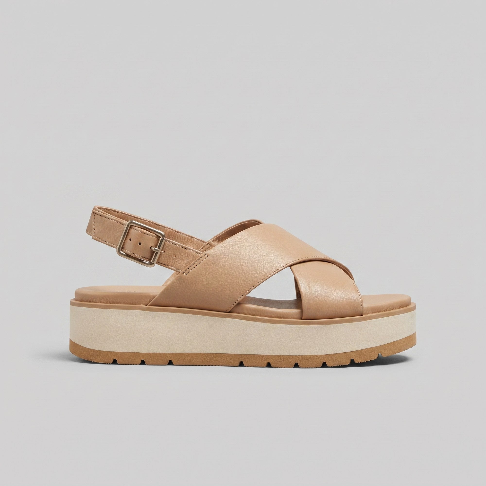 Almond-tone flatform sandal with an easy buckle closure, view 2