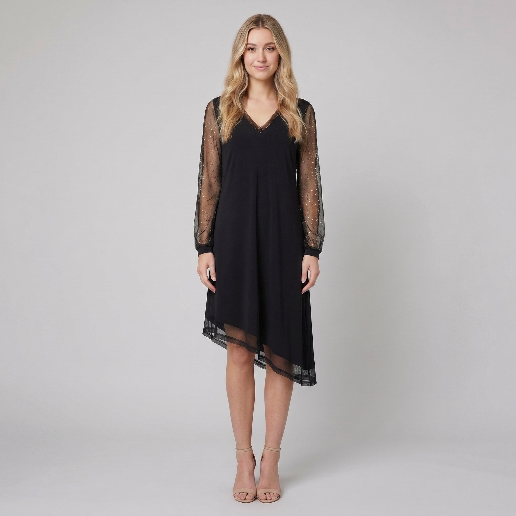 Black evening dress with sheer sleeves and a fluid skirt, view 1