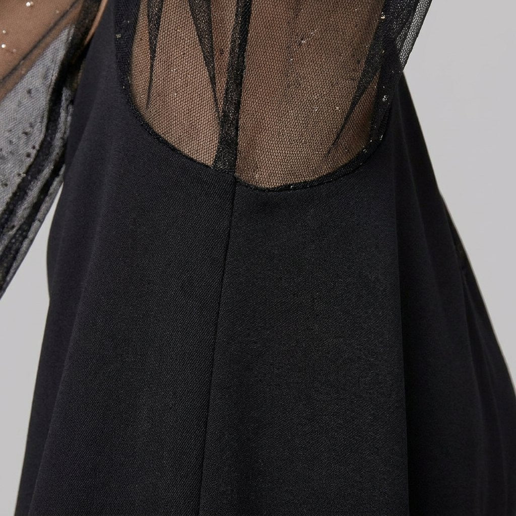 Black evening dress with sheer sleeves and a fluid skirt, view 6