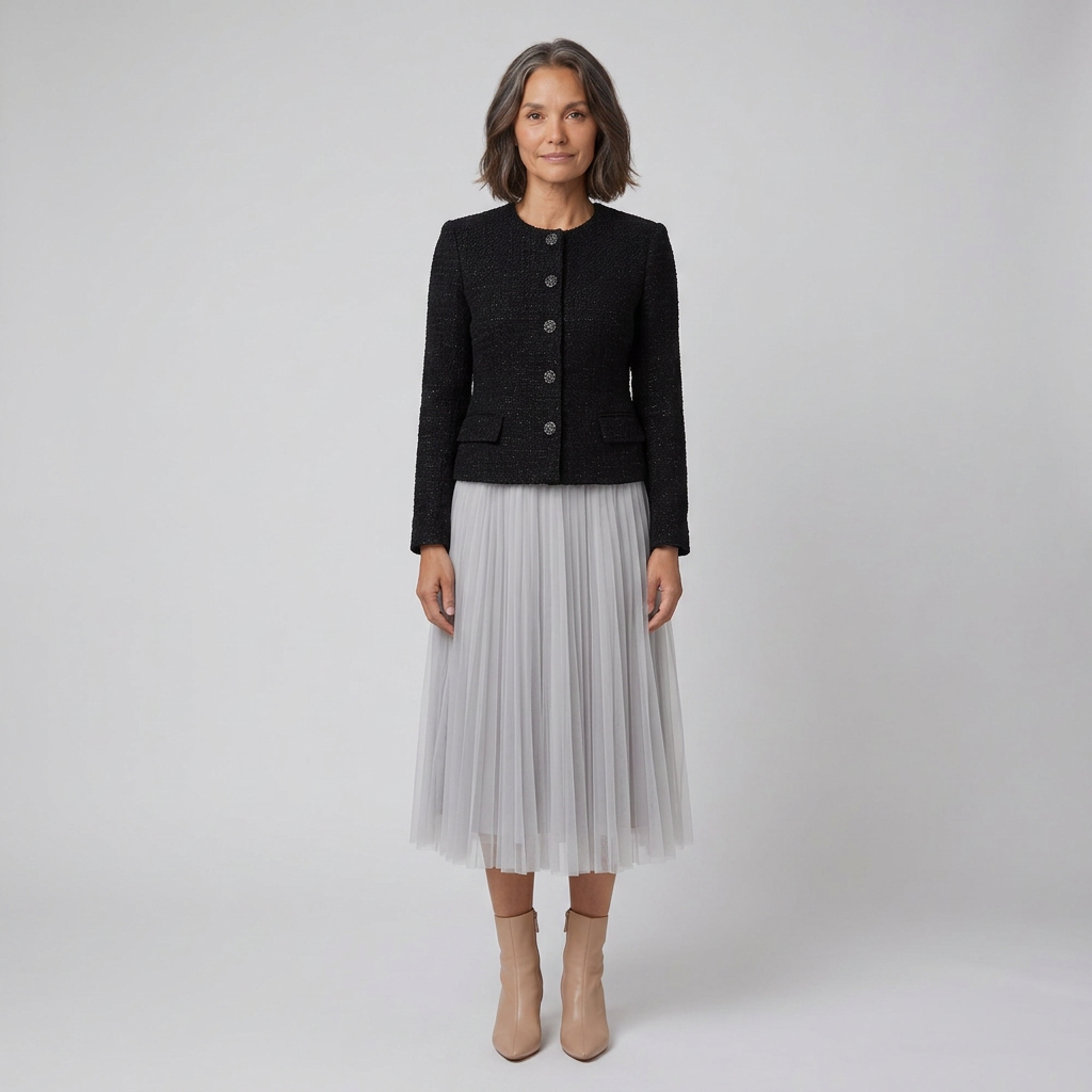 Black and grey tweed jacket with a tulle midi skirt, view 1