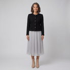 Black and grey tweed jacket with a tulle midi skirt, view 1