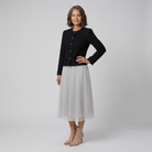 Tweed suit jacket over a tulle midi skirt in black and grey, view 2