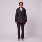 Ghislaine quilted belted jacket in black with shawl collar, front view on model