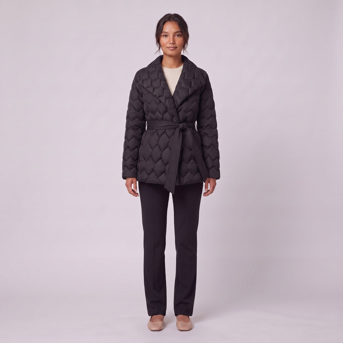 Ghislaine quilted belted jacket in black with shawl collar, front view on model