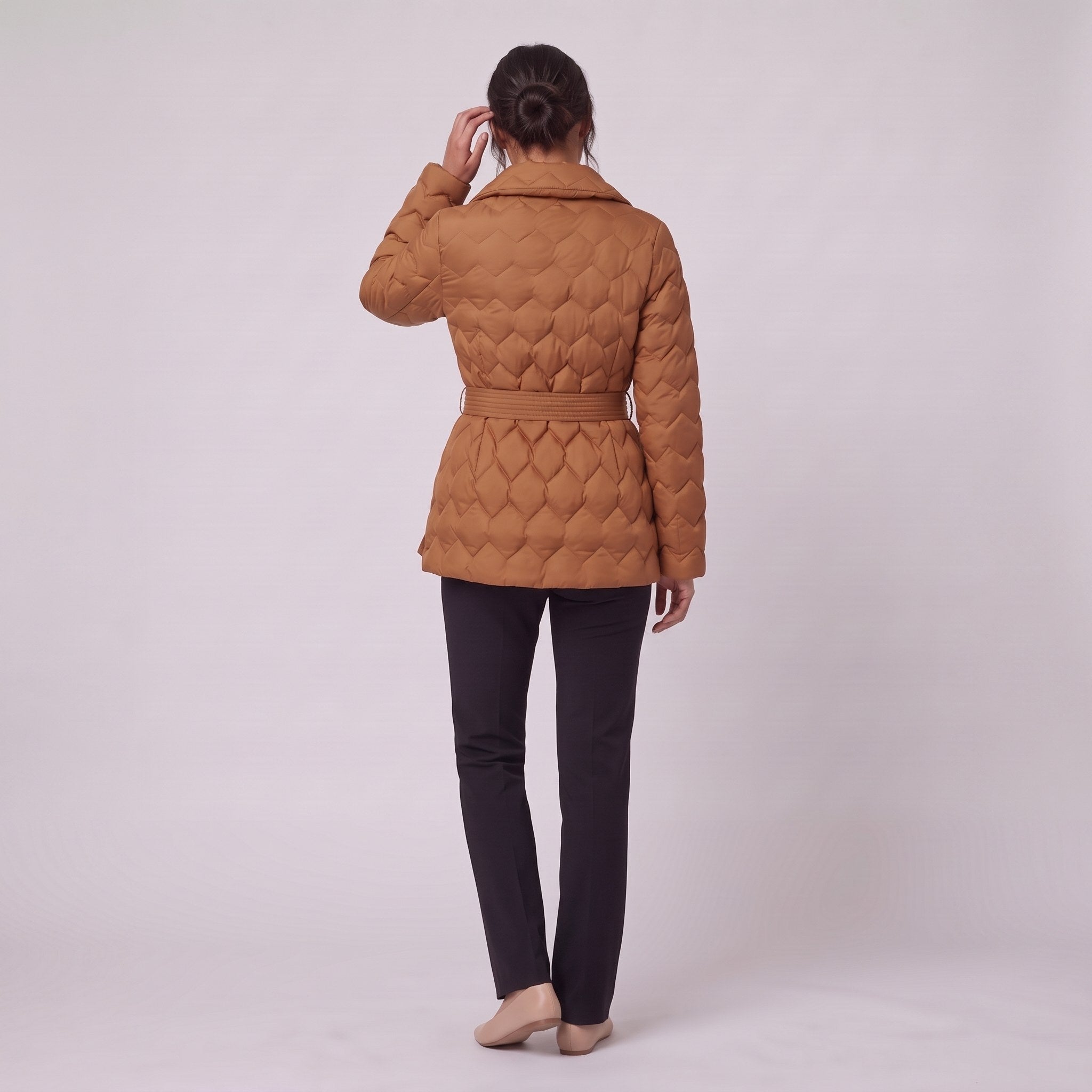 Ghislaine quilted belted jacket in caramel, back view showing the quilting