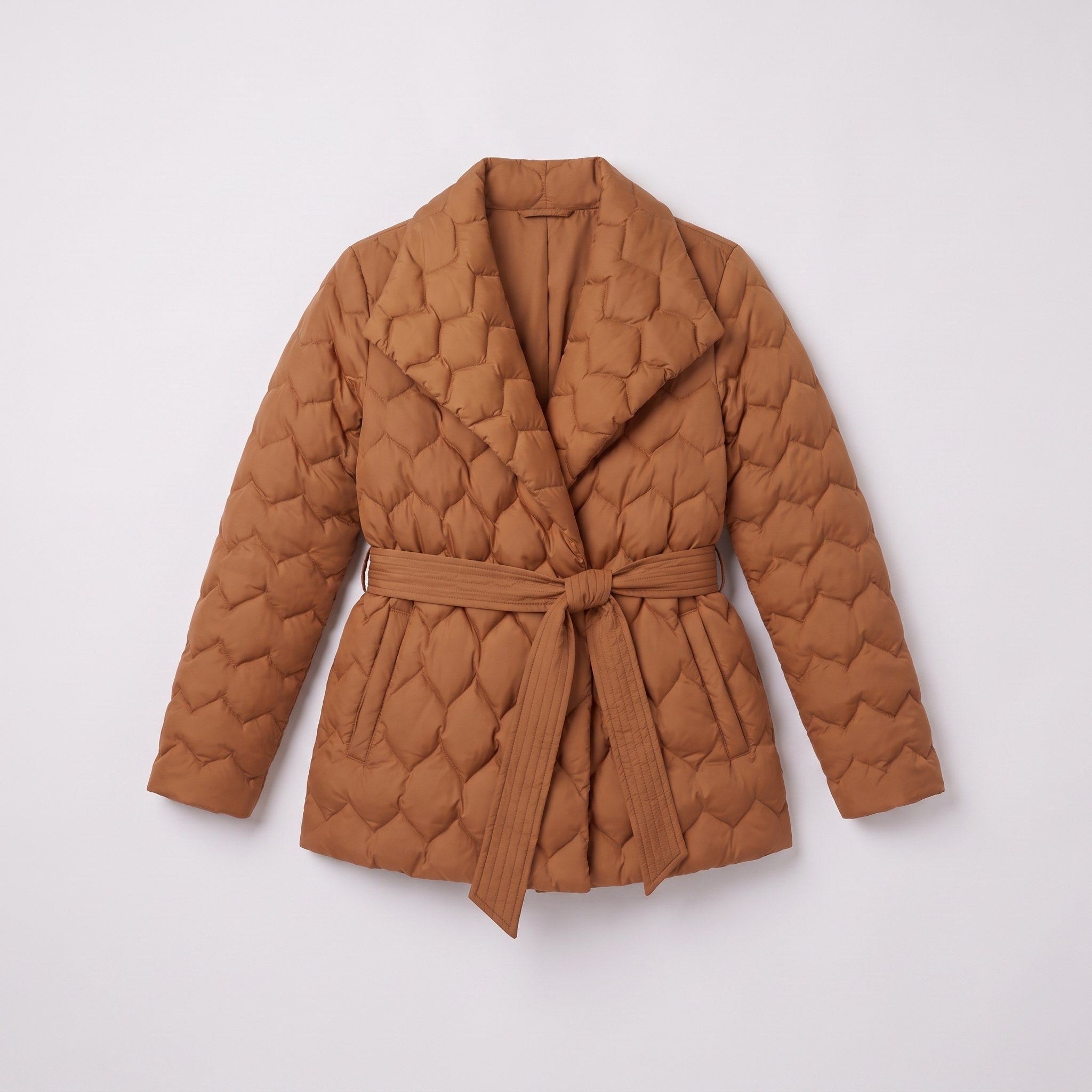 Ghislaine quilted belted jacket in caramel, flat lay with the self-tie belt