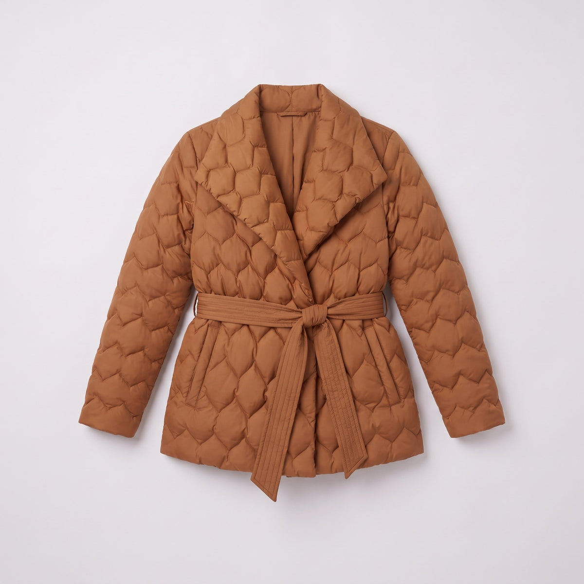 Ghislaine quilted belted jacket in caramel, flat lay with the self-tie belt
