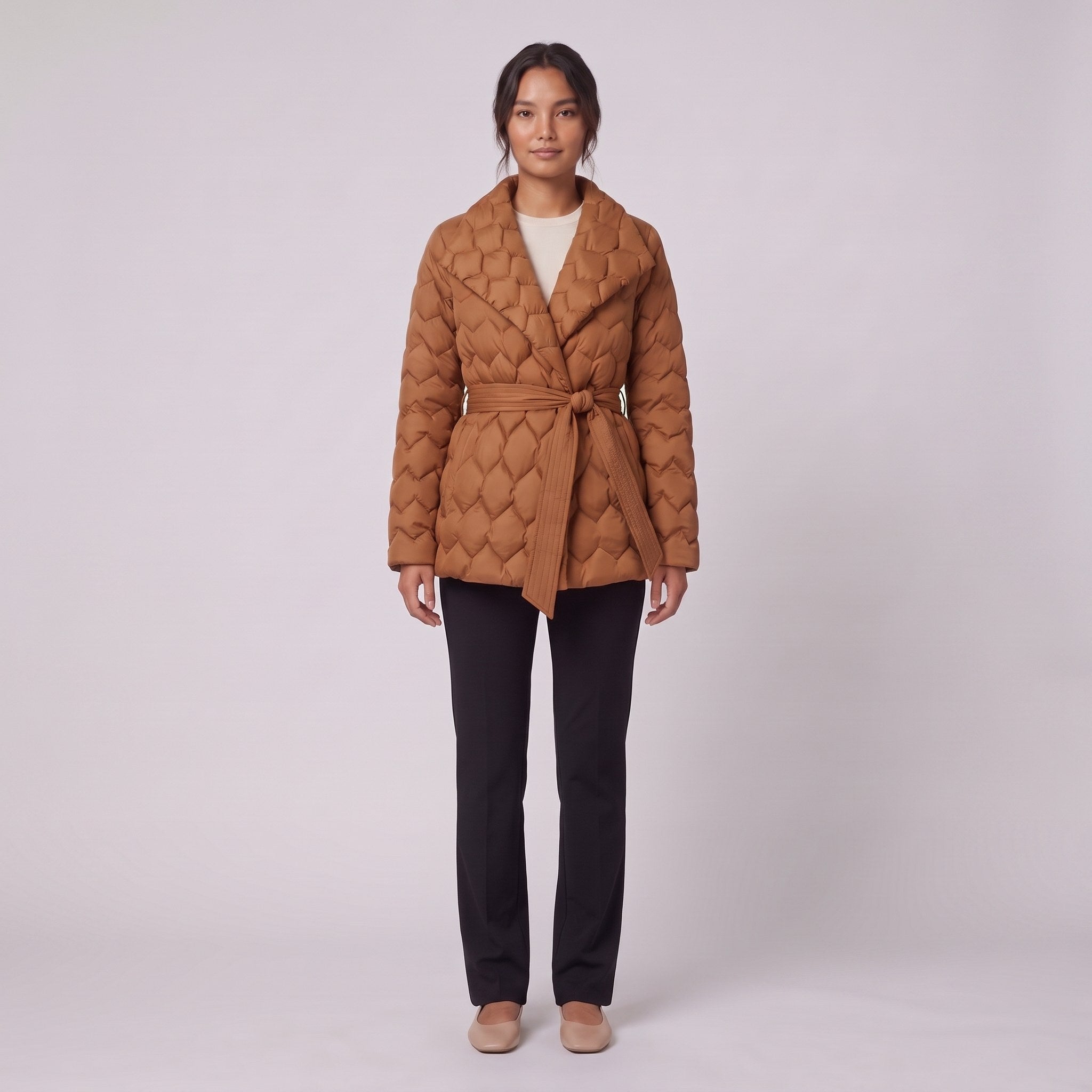 Ghislaine quilted belted jacket in caramel with shawl collar, front view on model
