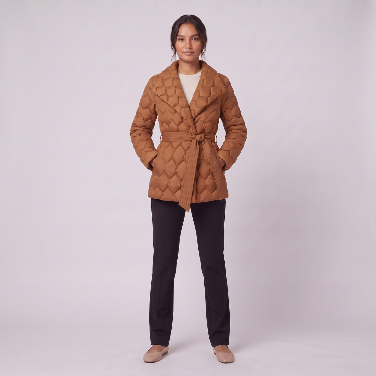 Ghislaine quilted belted jacket in caramel, full front view on model