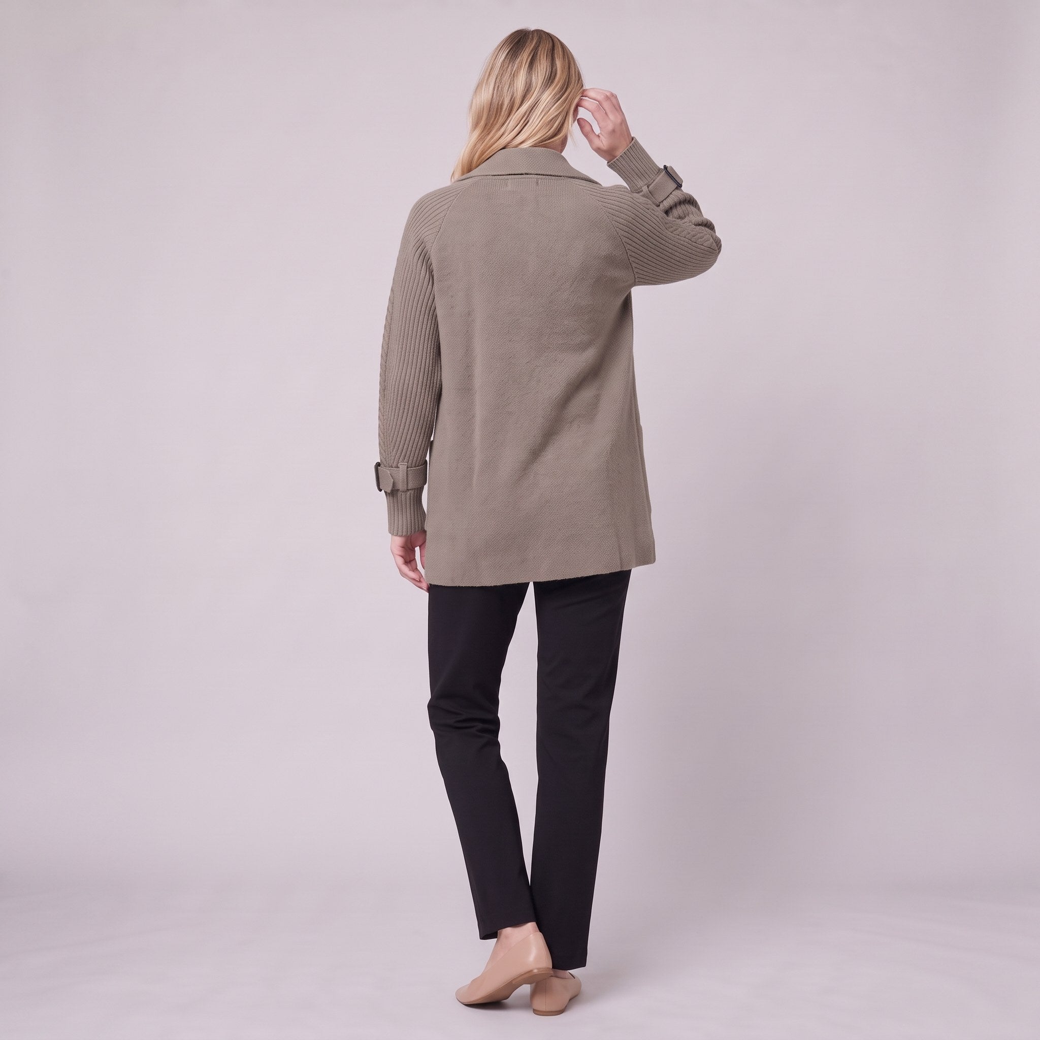 Gwenneth knit coat in taupe, back view on model