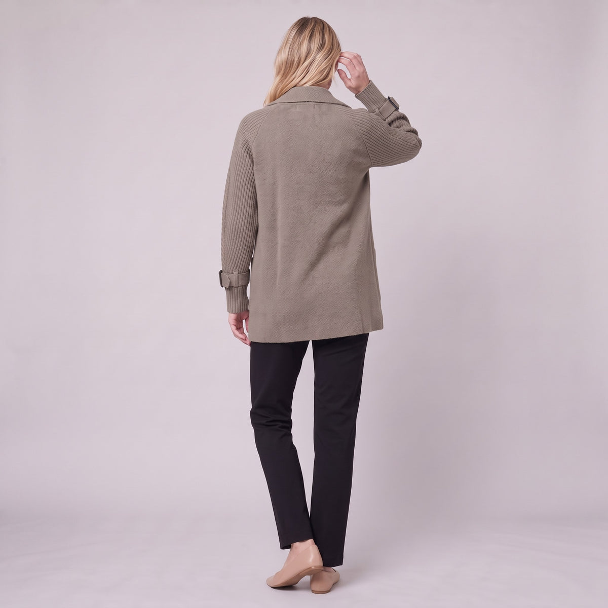 Gwenneth knit coat in taupe, back view on model