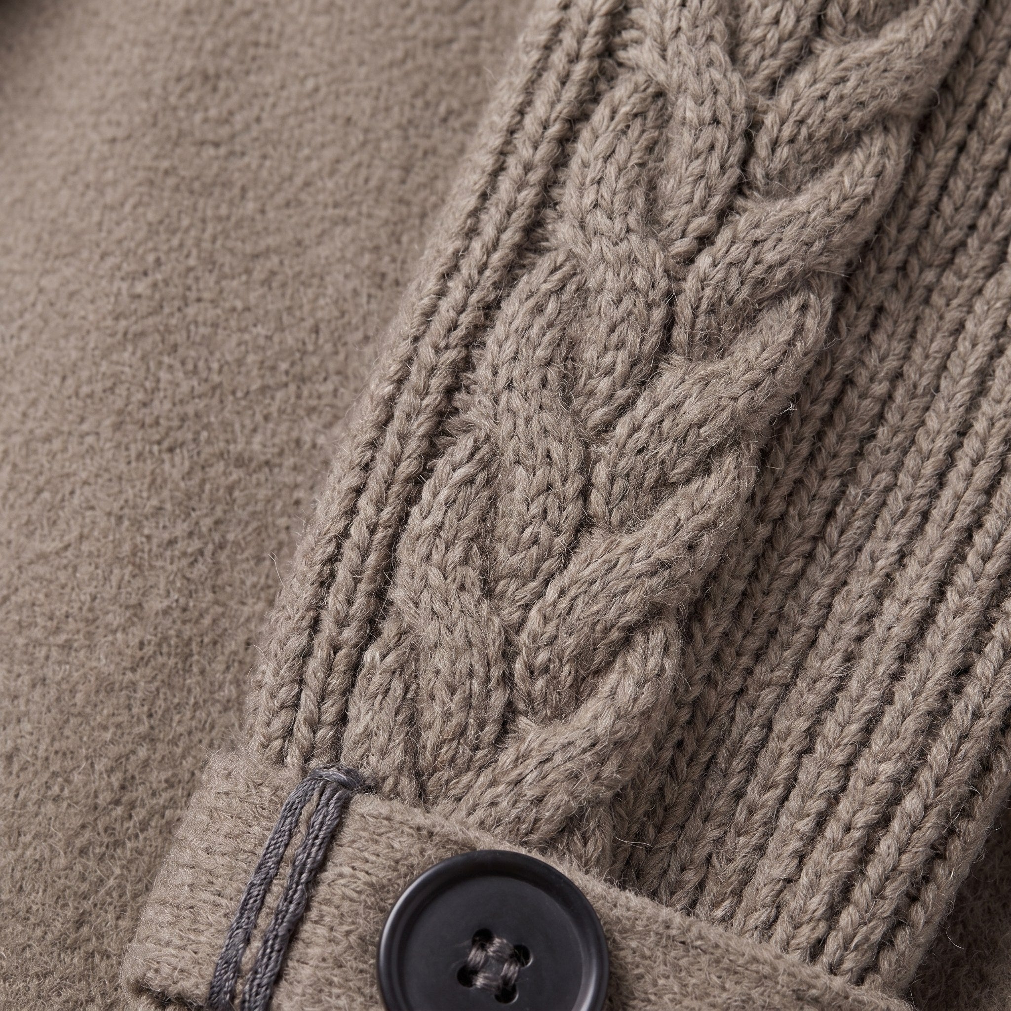 Gwenneth knit coat, close-up of the taupe cable knit and button detail