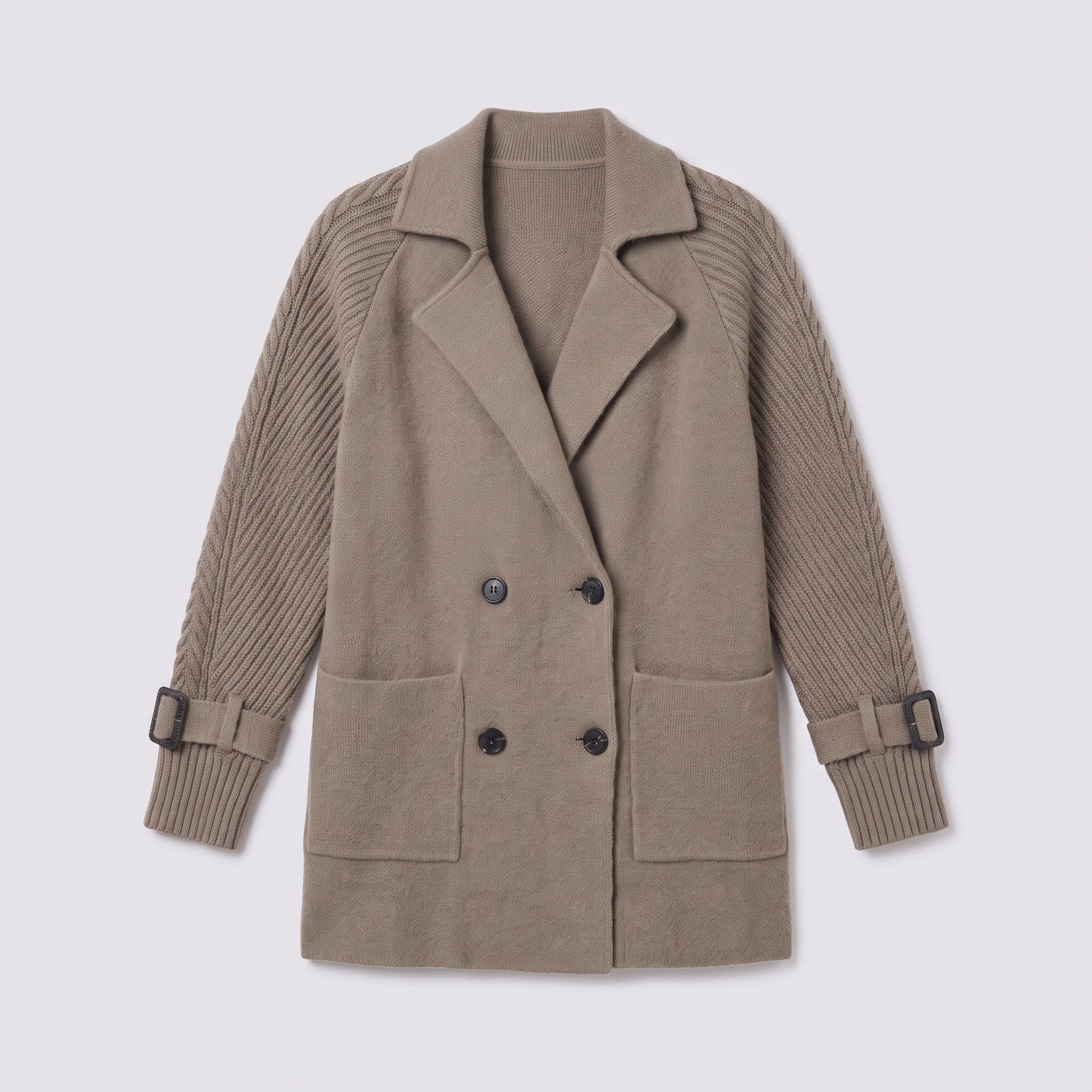 Gwenneth knit coat in taupe, flat lay of the double-breasted coat