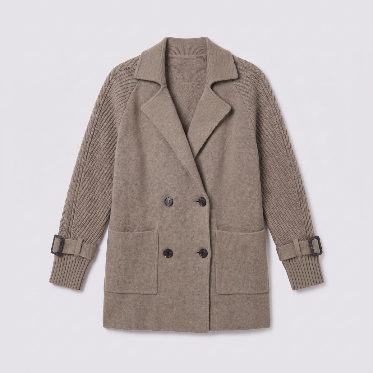 Gwenneth knit coat in taupe, flat lay of the double-breasted coat