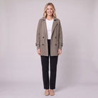 Gwenneth double-breasted knit coat in taupe with cable-knit sleeves, front view on model