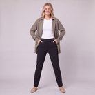 Gwenneth knit coat in taupe, full front view on model