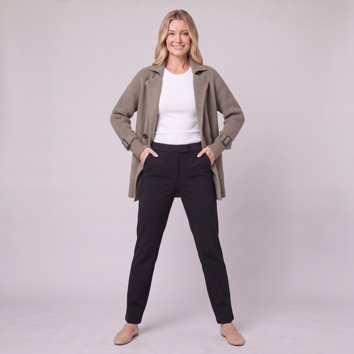 Gwenneth knit coat in taupe, full front view on model
