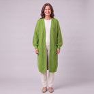 Halla longline chunky rib cardigan in apple green, front view on model