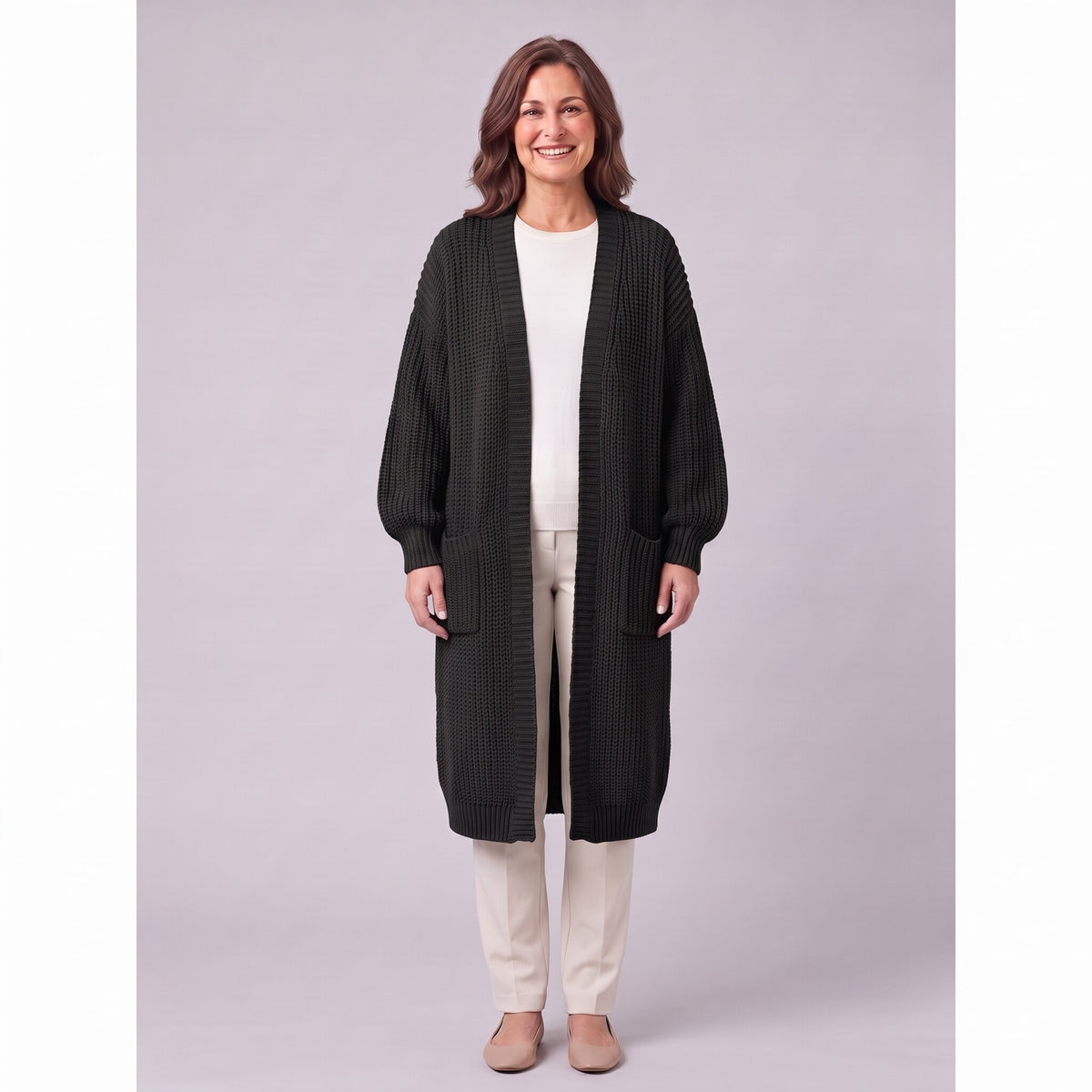 Halla longline chunky rib cardigan in black, front view on model