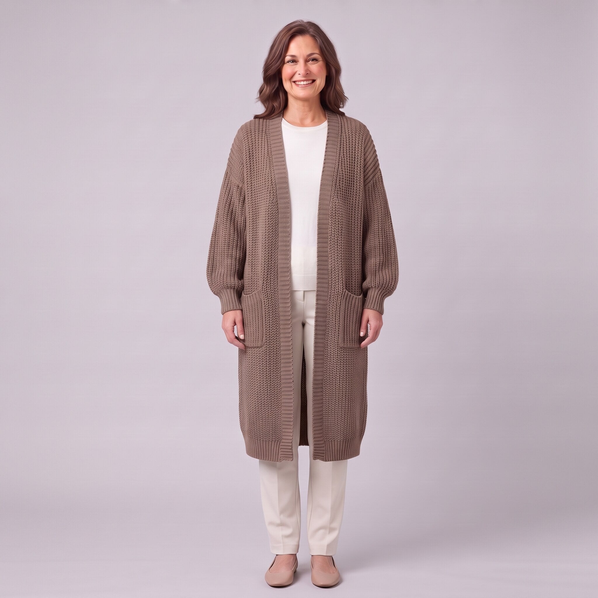 Halla longline chunky rib cardigan in brown, front view on model