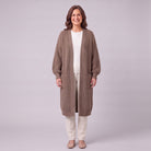 Halla longline chunky rib cardigan in brown, front view on model