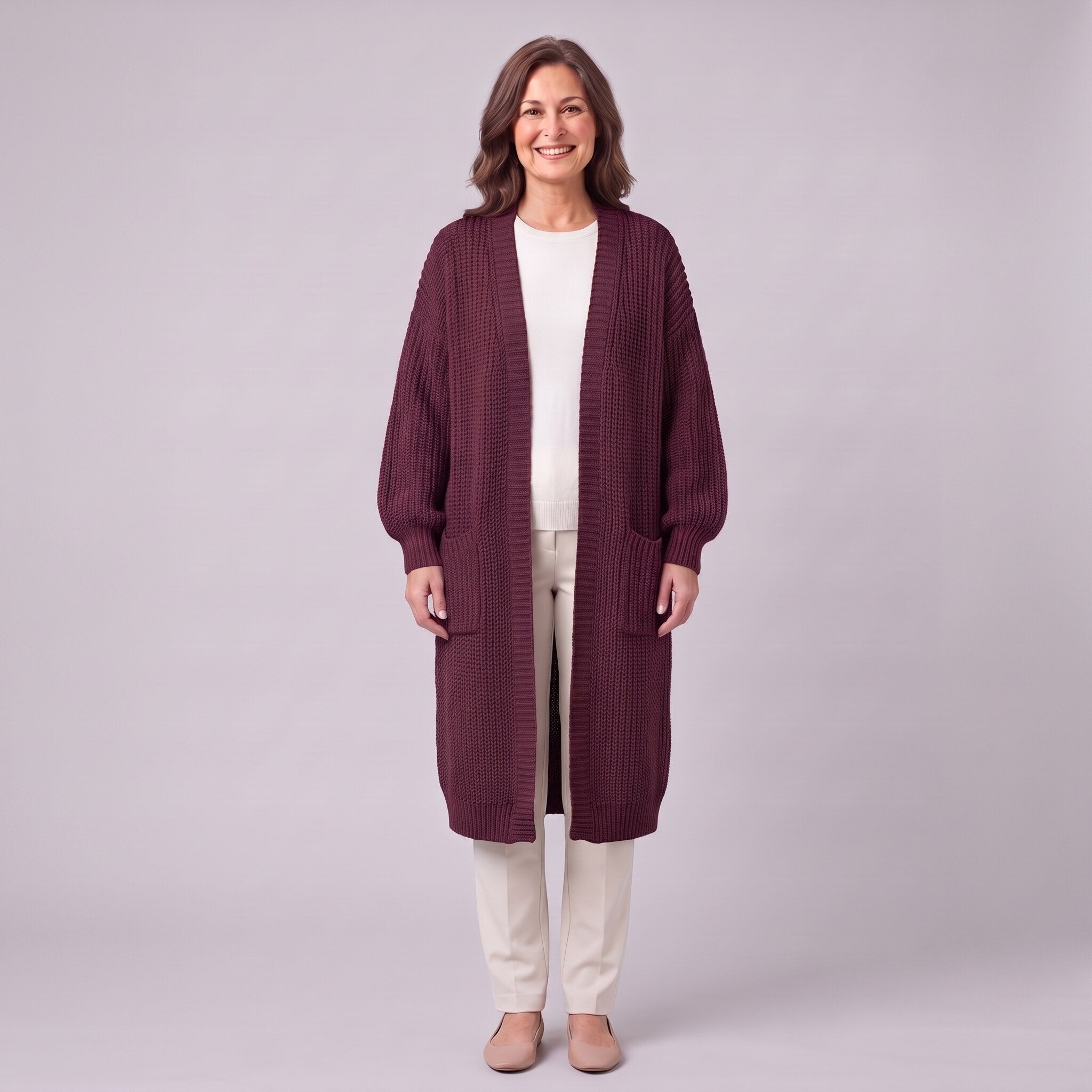 Halla longline chunky rib cardigan in dark red burgundy, front view on model
