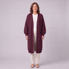 Halla longline chunky rib cardigan in dark red burgundy, front view on model