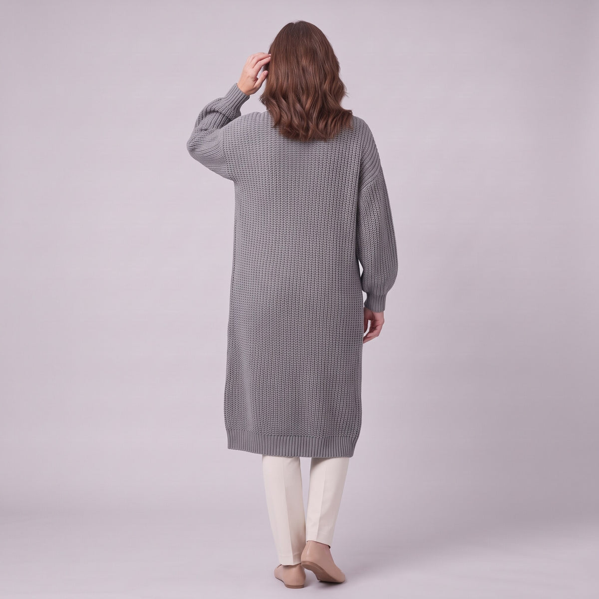 Halla longline cardigan in grey, back view showing chunky rib knit