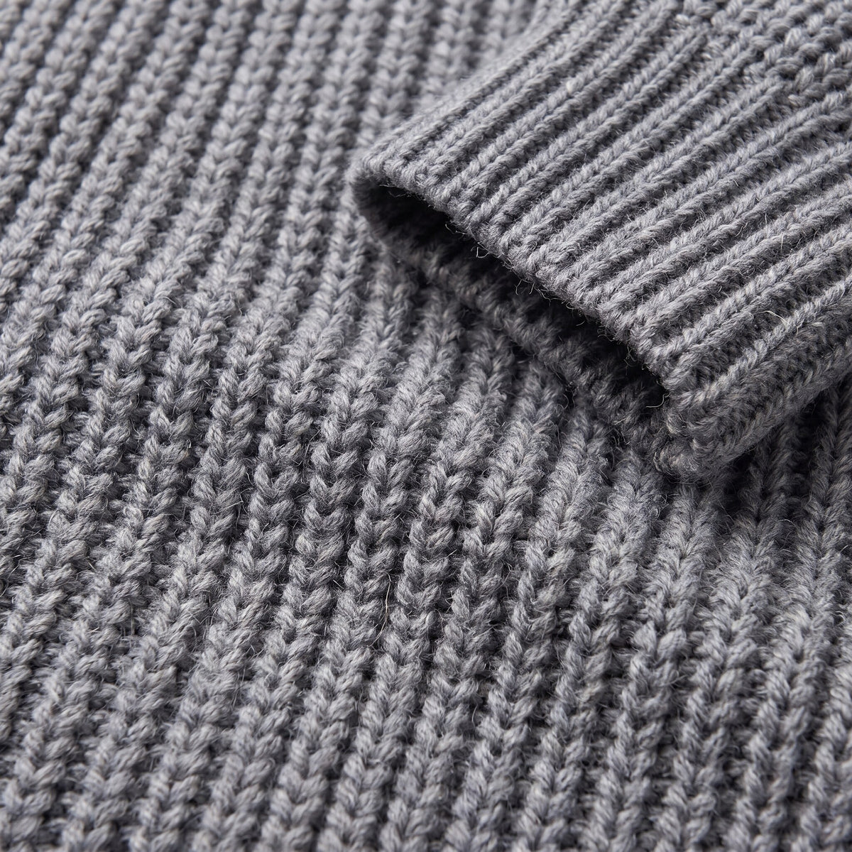 Halla cardigan fabric detail, heather grey chunky rib knit with ribbed cuff