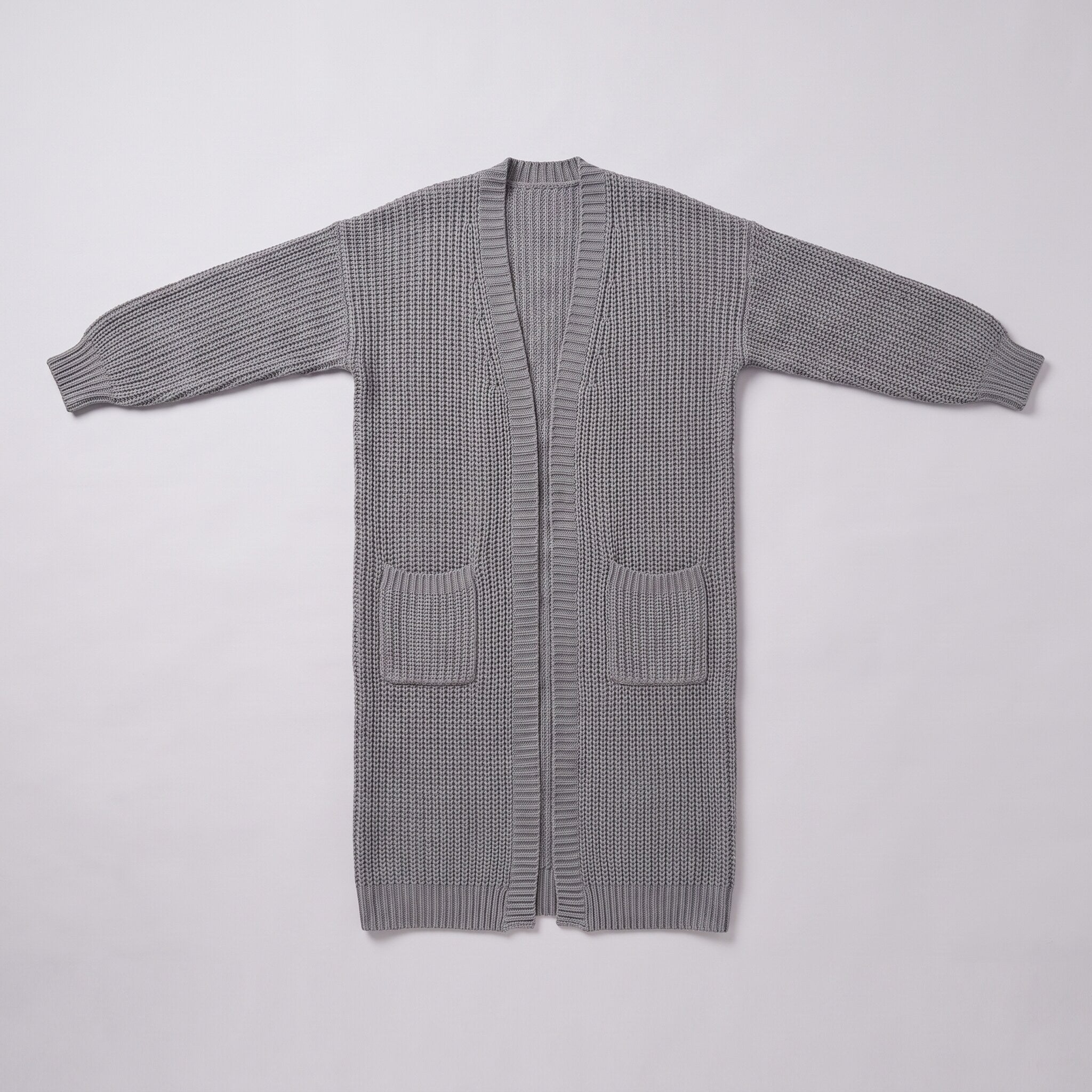Halla longline chunky rib cardigan in grey, flat lay product shot
