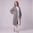 Halla longline cardigan in grey, three quarter view showing below knee length
