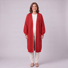 Halla longline chunky rib cardigan in red, front view on model