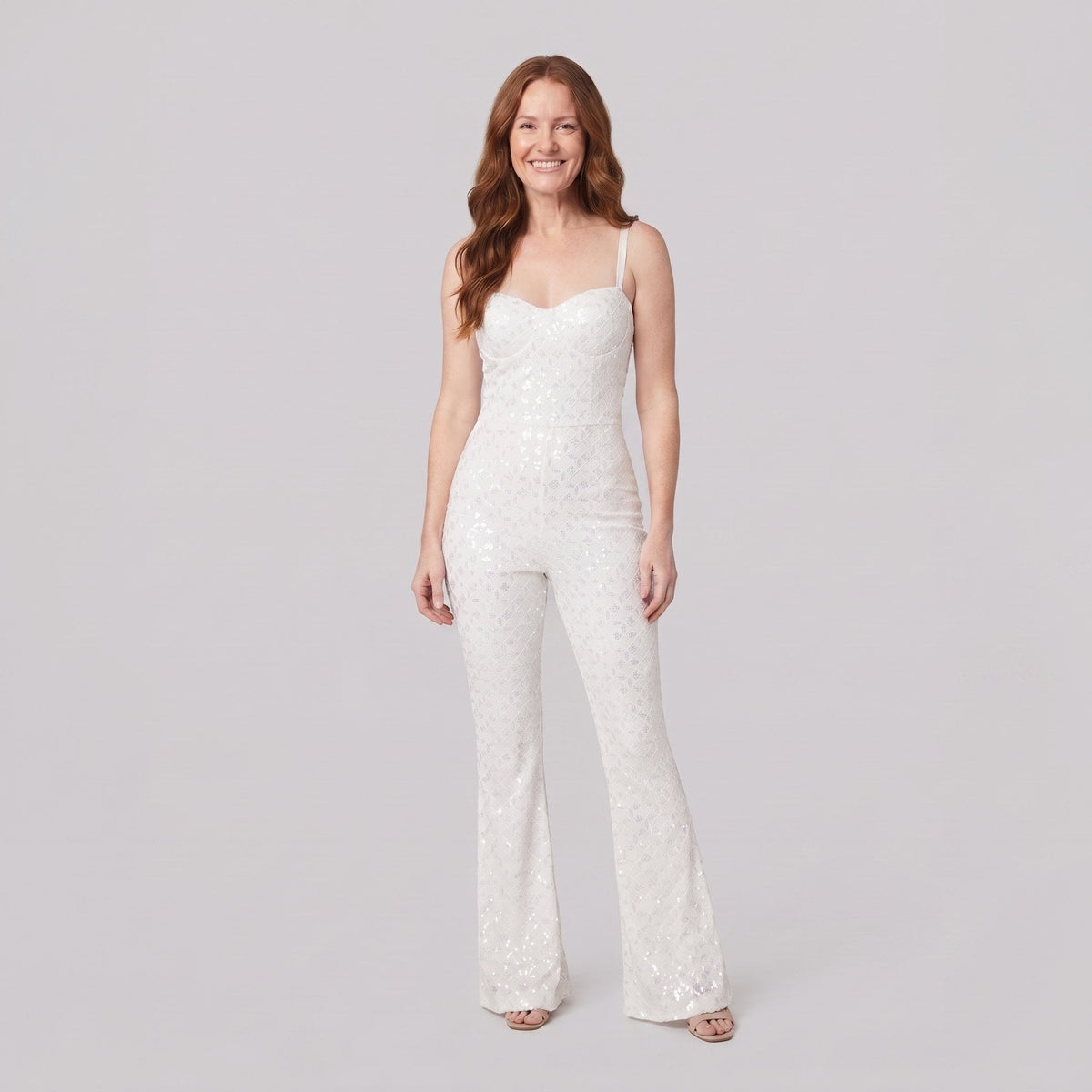 Velvet jumpsuit with white sequin detail and a corseted fit, view 1