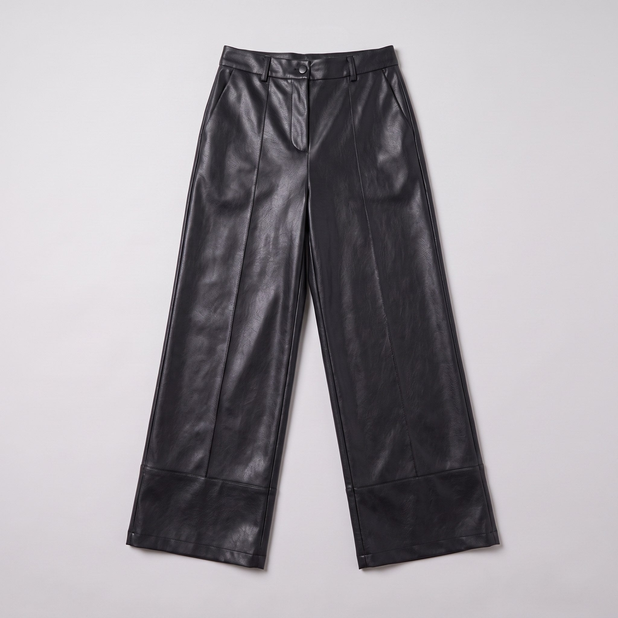 Helka faux leather wide leg trousers flat lay, full garment on light grey