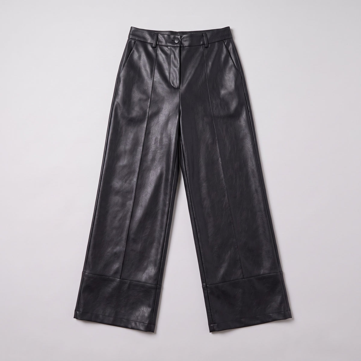 Helka faux leather wide leg trousers flat lay, full garment on light grey