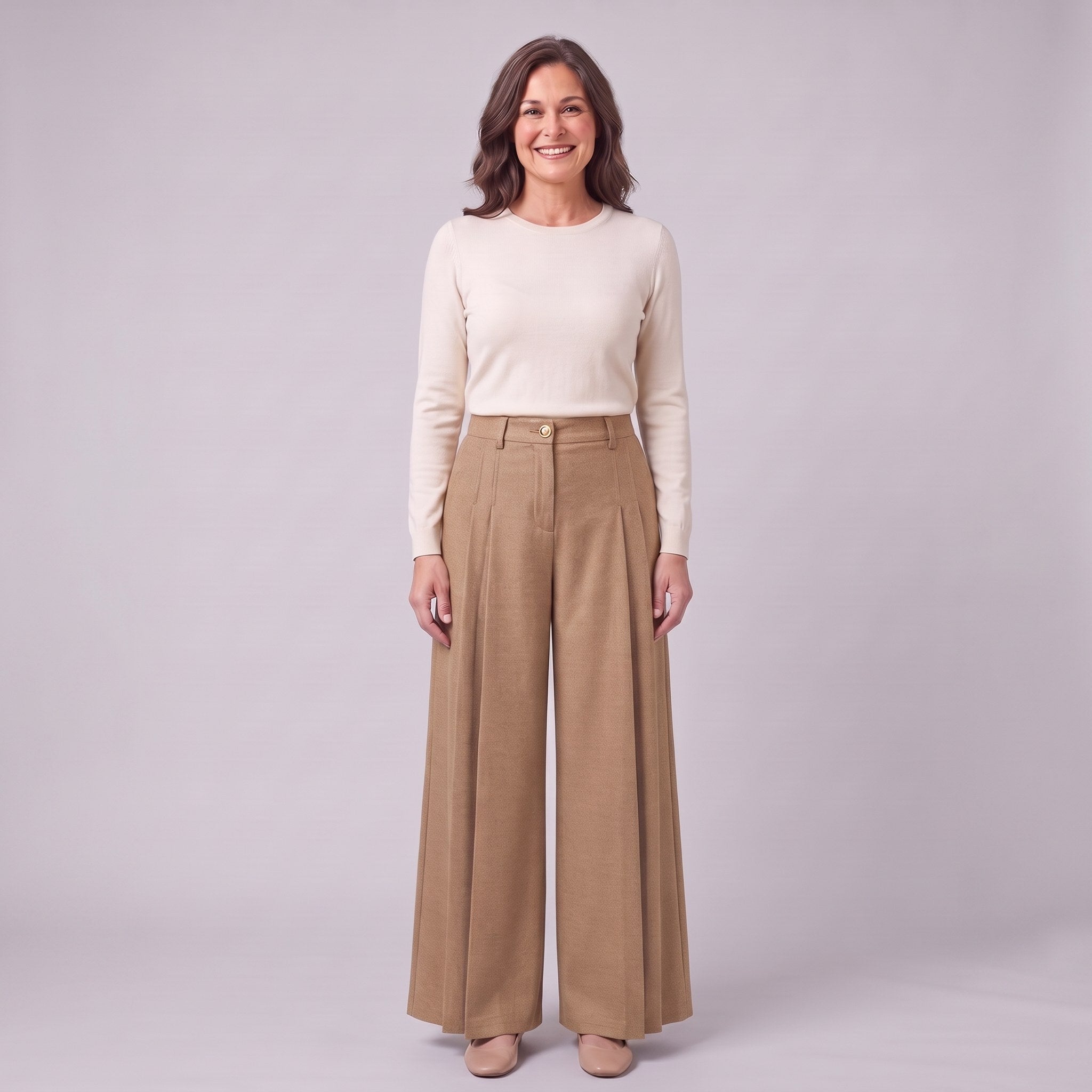 Hesper pleated wide leg trousers in camel beige, front view on model
