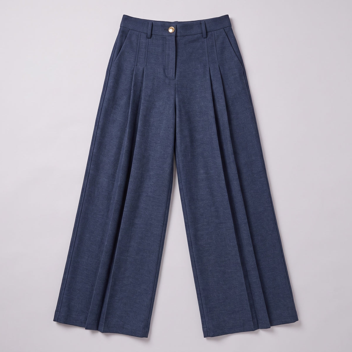 Hesper pleated wide leg trousers flat lay, full garment on light grey