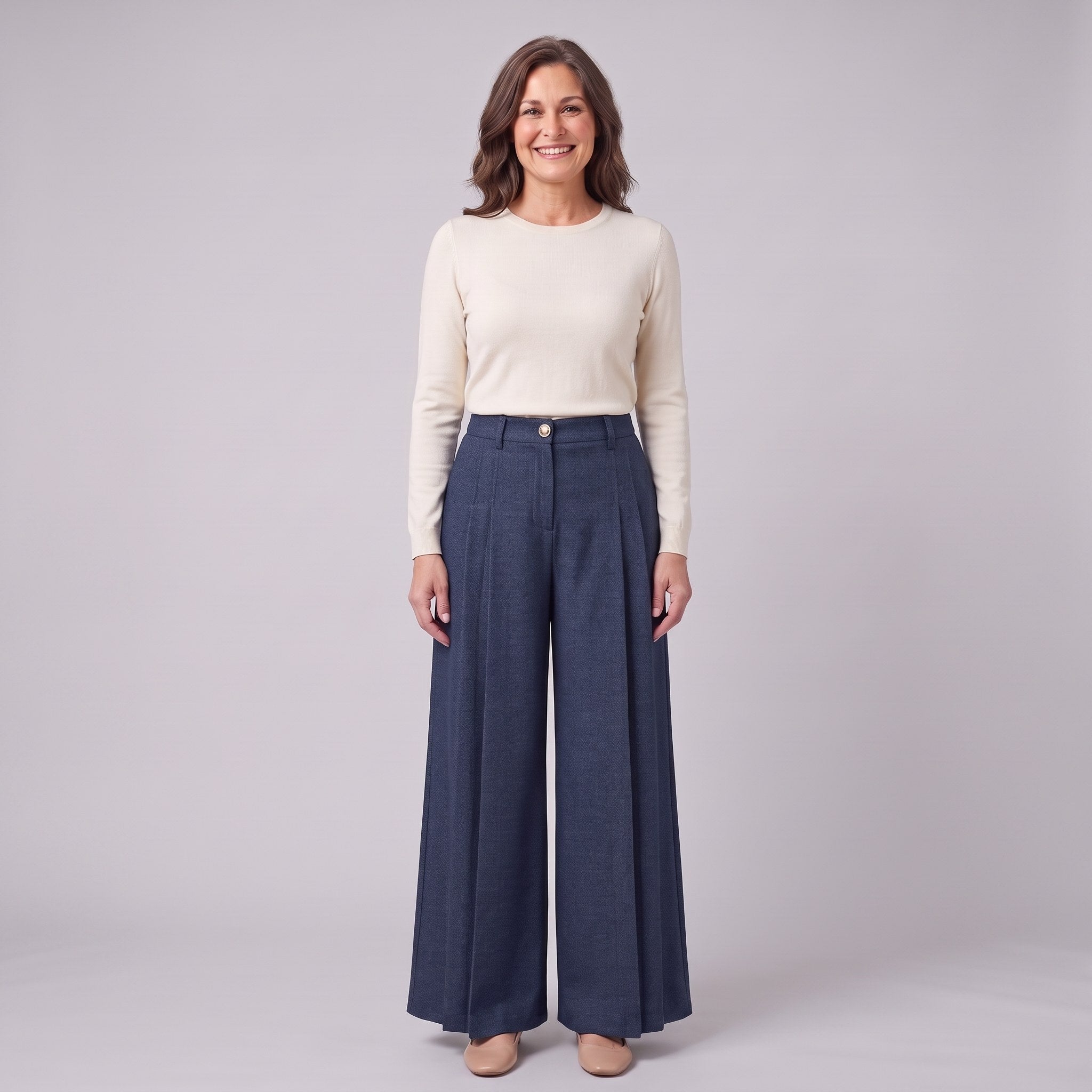 Hesper pleated wide leg trousers in navy blue, front view on model