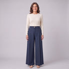 Hesper pleated wide leg trousers in navy blue, front view on model