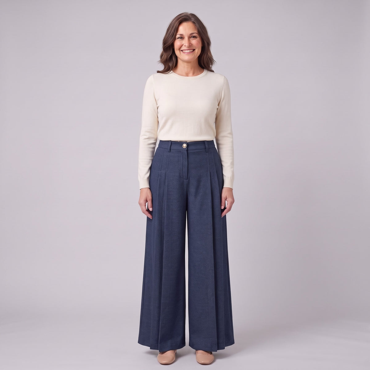 Hesper pleated wide leg trousers in navy blue, front view on model