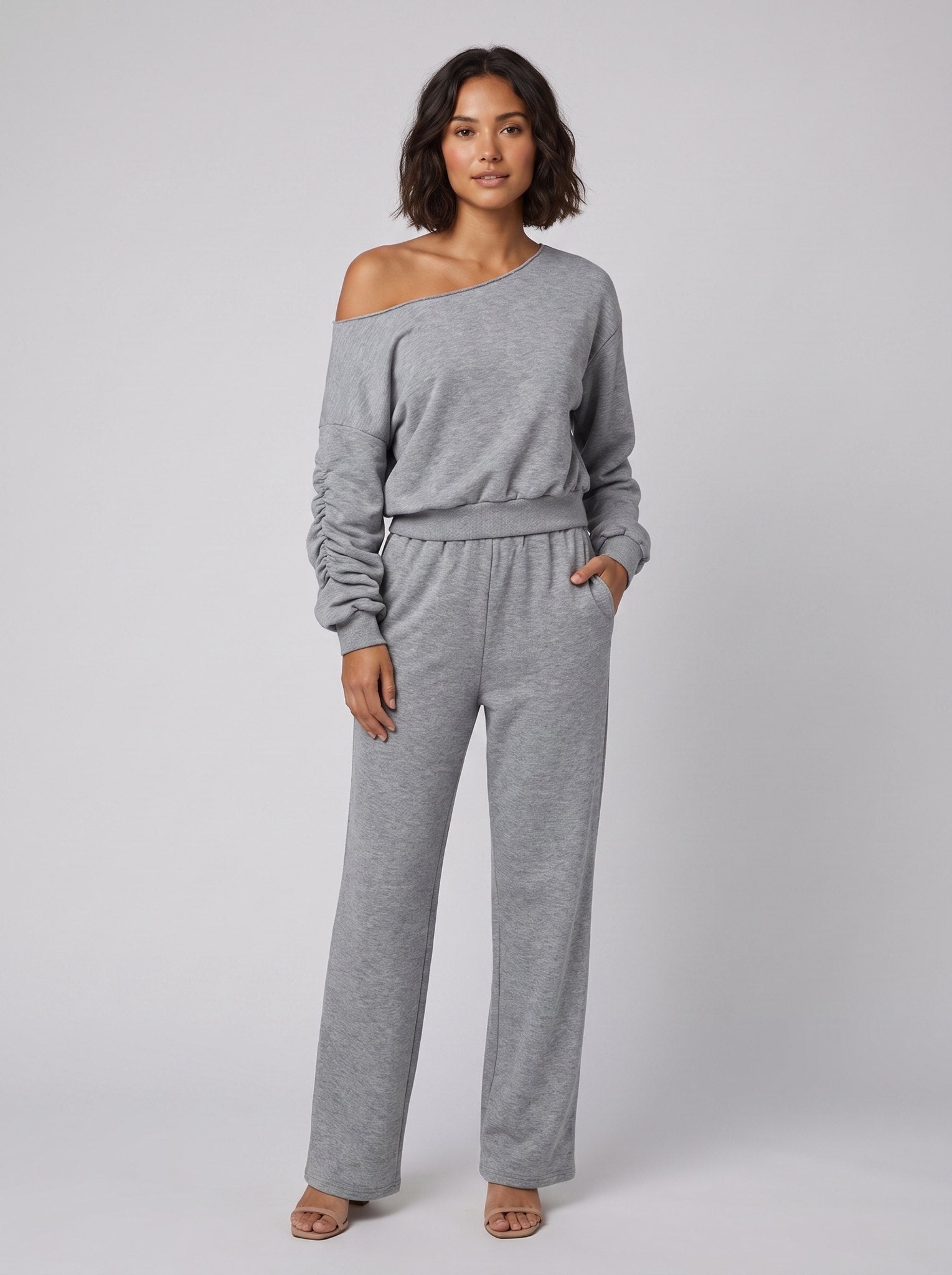Jersey lounge set with an off-shoulder top and wide leg trousers, view 1