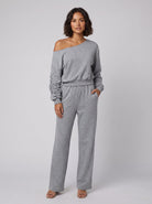 Jersey lounge set with an off-shoulder top and wide leg trousers, view 1