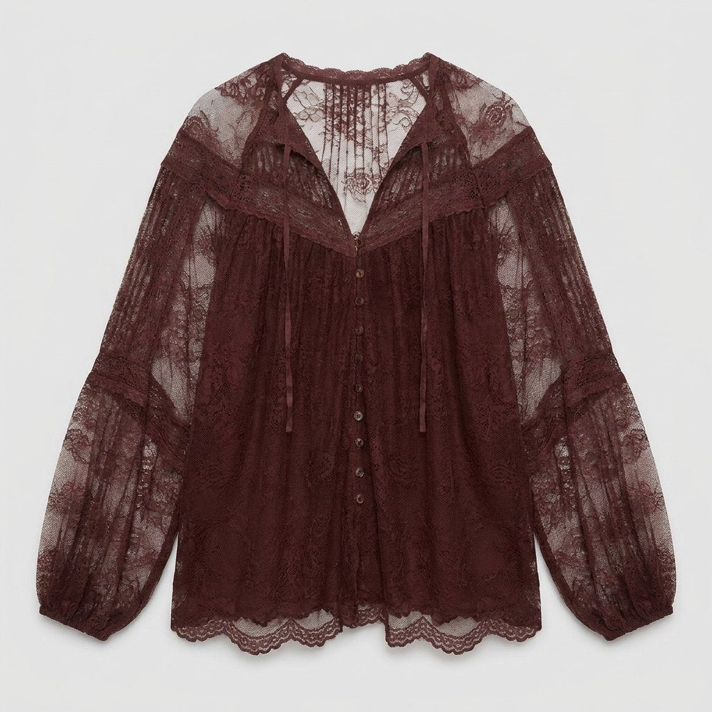 Sheer lace blouse with balloon sleeves and a scalloped hem, view 5