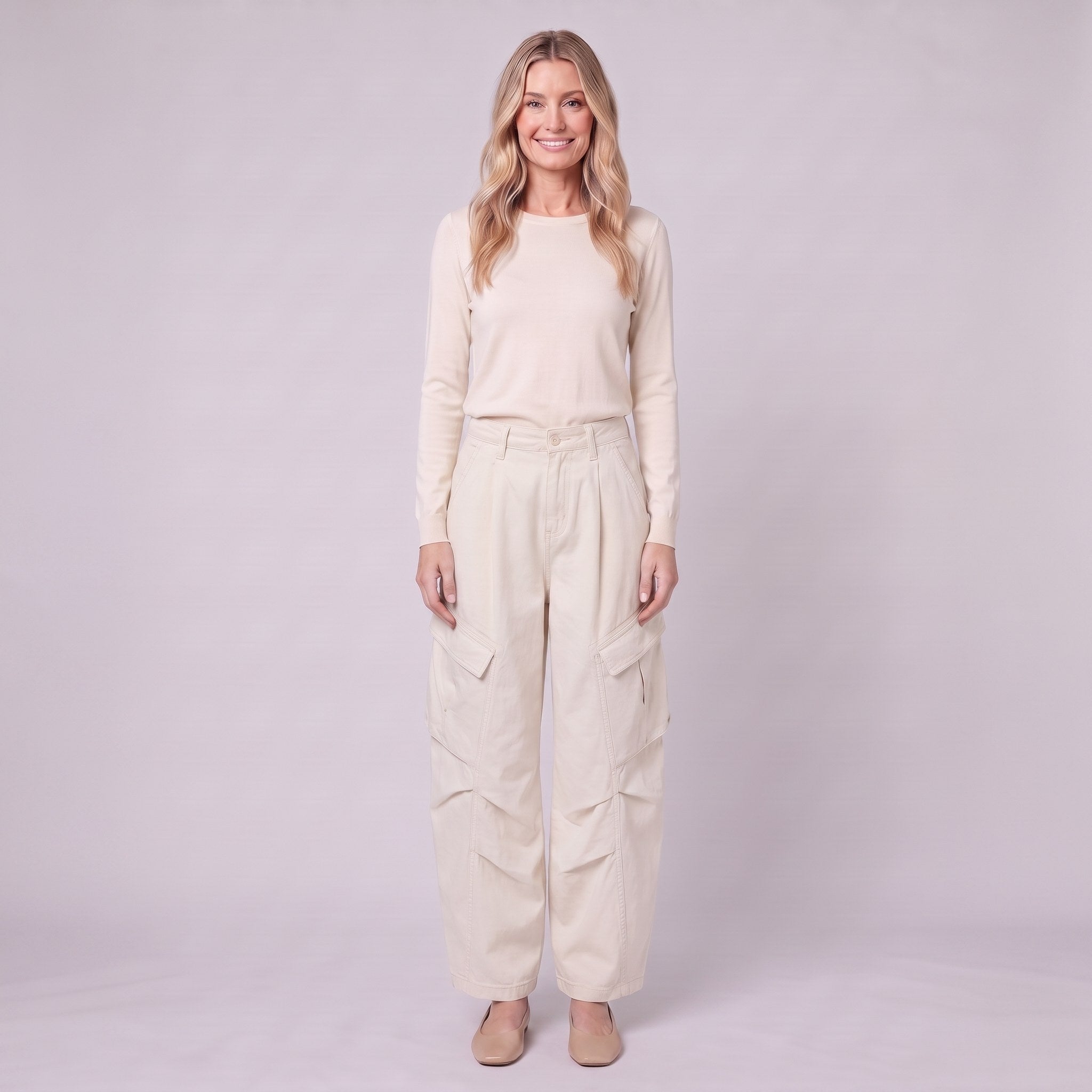 Inara baggy cargo trousers in cream ecru, front view on model