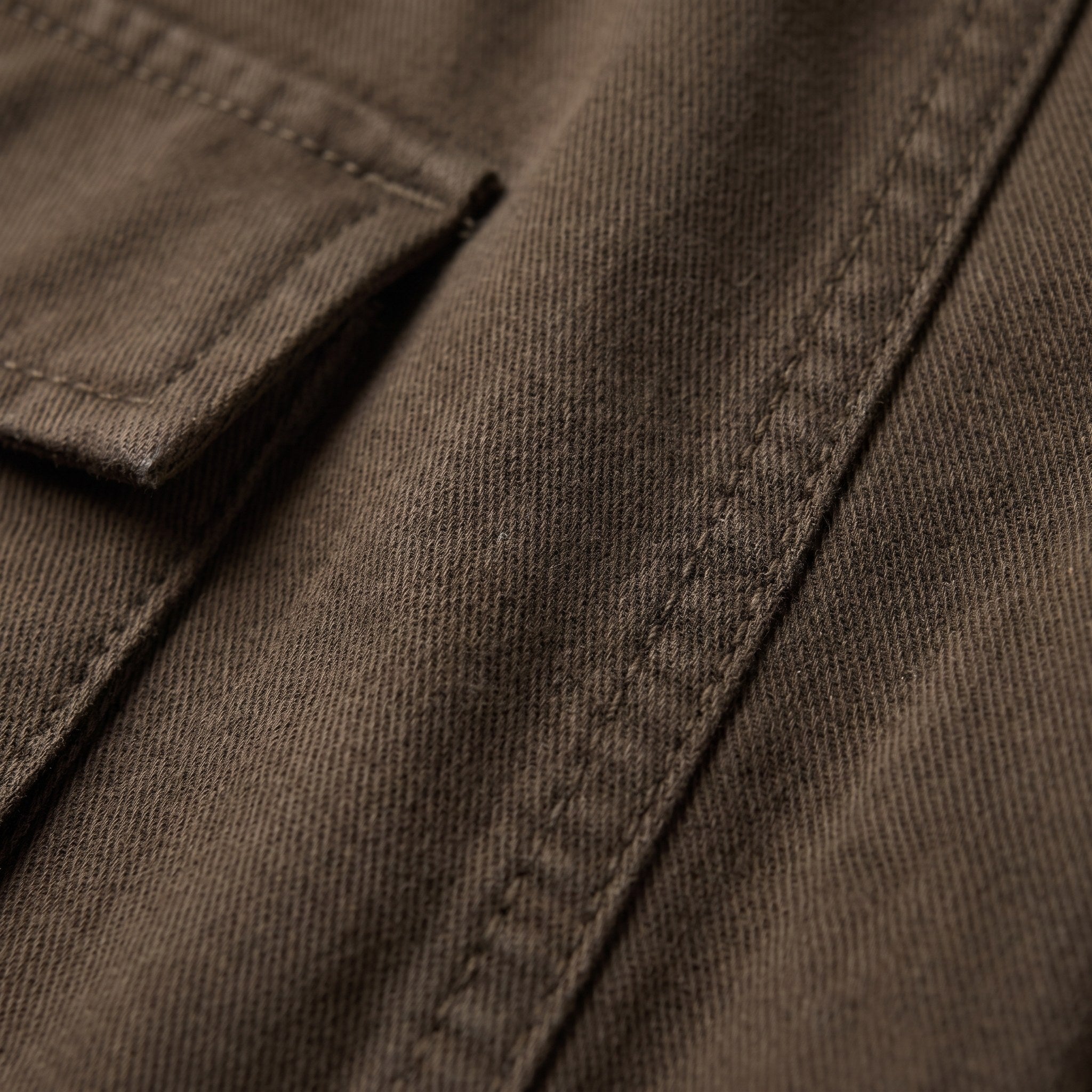 Inara cargo trousers fabric detail, cotton twill weave and pocket flap close-up