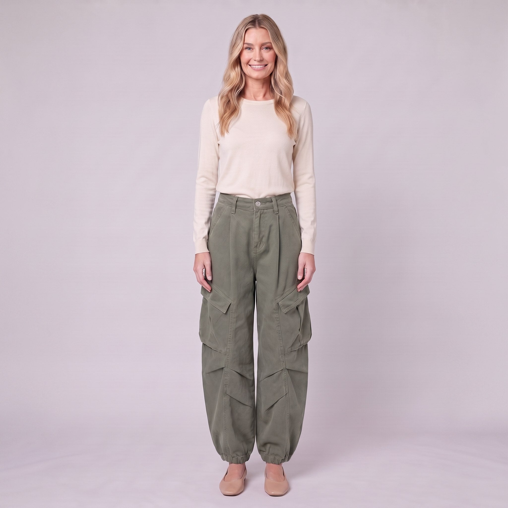 Inara baggy cargo trousers in army sage green, front view on model