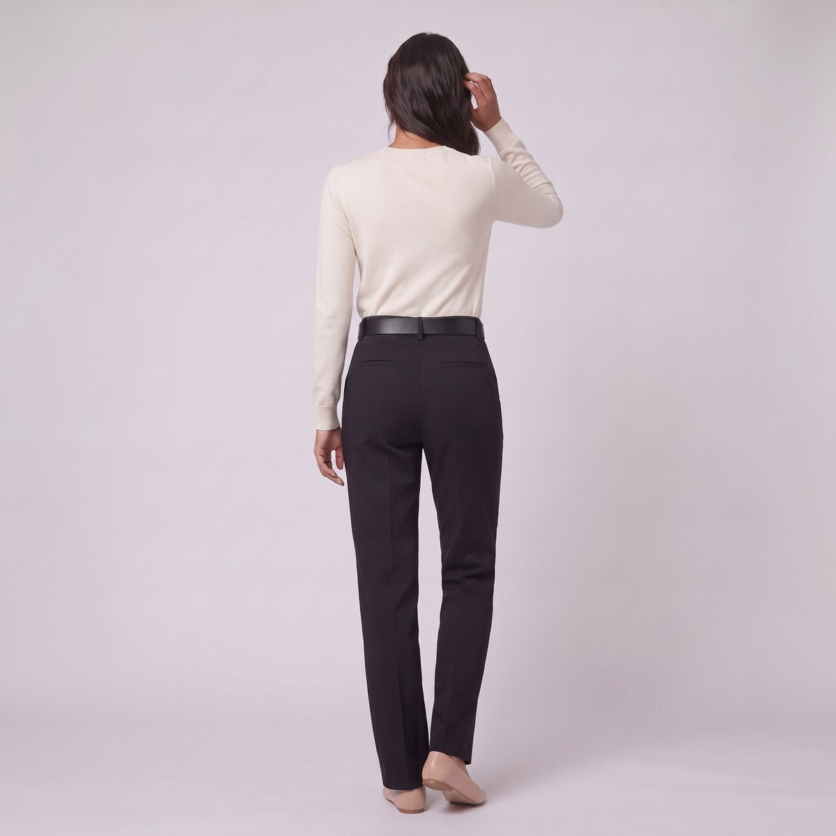 Ingeborg straight leg trousers in black twill, back view on model