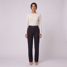 Ingeborg straight leg trousers in black twill with belt, front view on model
